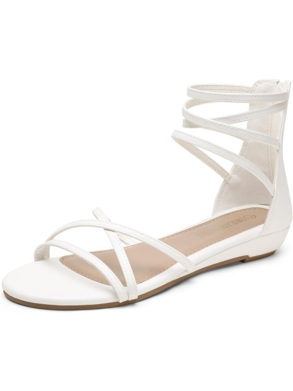 Women's White Pu Summer Ankle Strap Flats Strappy Gladiators Rhinestones Sandals